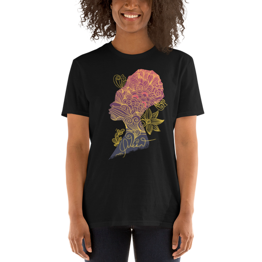 woman wearing Queen unisex short-sleeve t-shirt in black, featuring a bold crowned lion graphic on front and 'QUEEN' printed on the back neckline, made from soft cotton blend.