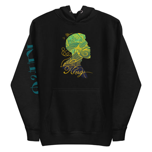 A black long-sleeve hoodie with a yellow and green graphic design on the front and the word 'KING' written below it. The hoodie also features a front pouch pocket and matching flat drawstrings.