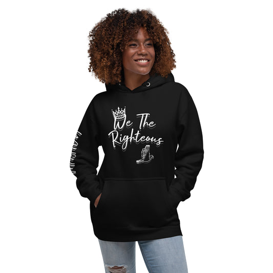 woman wearing Black unisex hoodie with the text 'We the Righteous' and a graphic of a crown on the front, featuring a front pouch pocket and a three-panel hood.