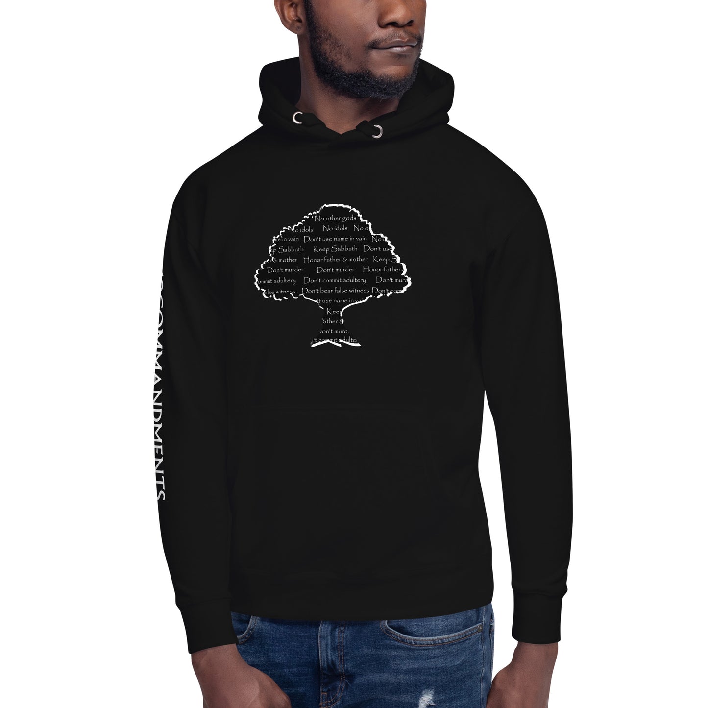 Ten Commandments Tree unisex hoodie in black, featuring a stylized tree graphic with the Ten Commandments engraved on its trunk, soft pullover fleece material, front kangaroo pocket, and adjustable drawstring hood.