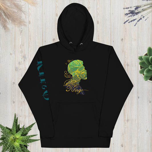 King long-sleeve hoodie in black, featuring a bold crowned lion graphic on the chest and 'KING' vertically printed along the sleeve, made from 100% cotton face with cotton-poly fleece interior, front pouch pocket, and three-panel hood.