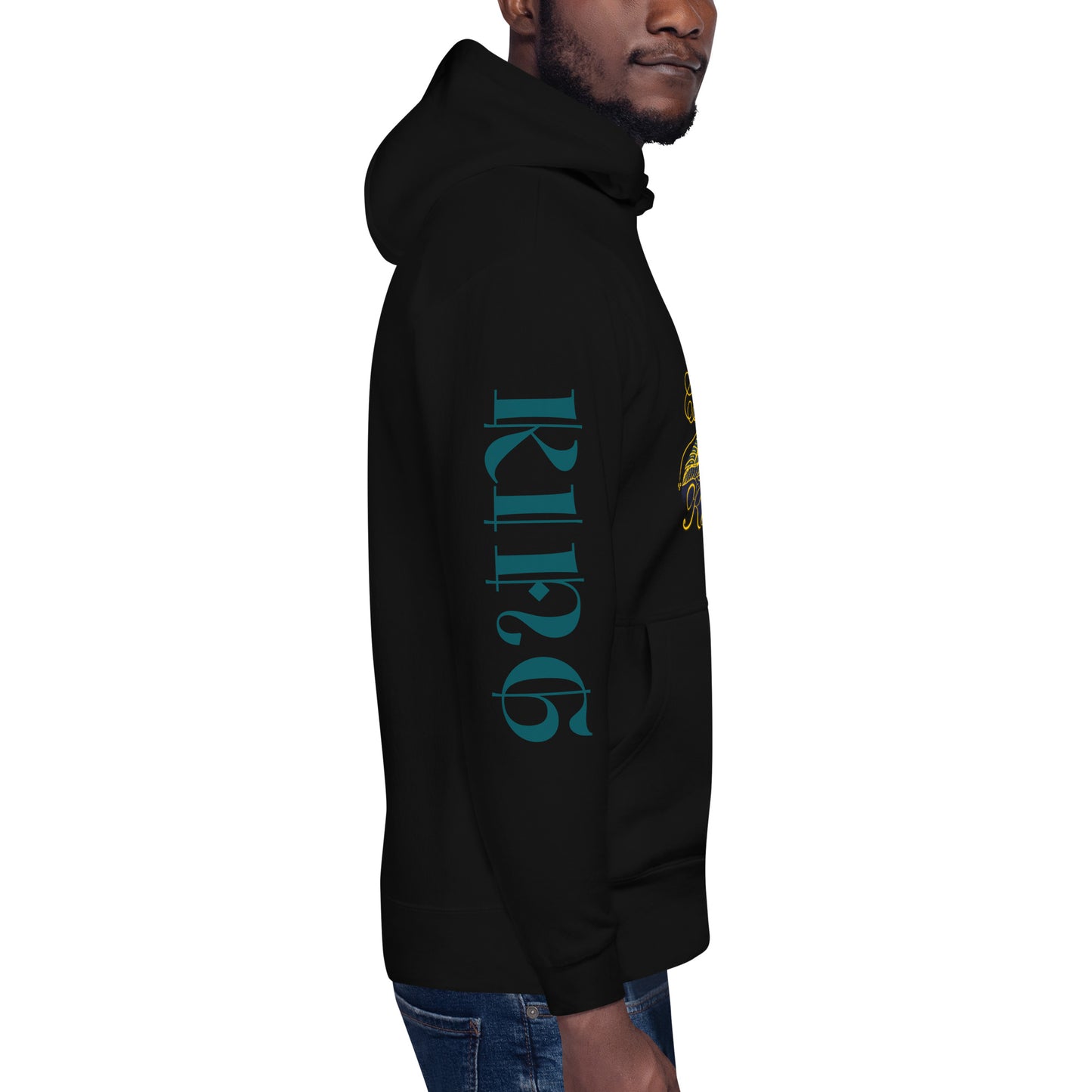 side view of King long-sleeve hoodie in black, featuring a bold crowned lion graphic on the chest and 'KING' vertically printed along the sleeve, made from 100% cotton face with cotton-poly fleece interior, front pouch pocket, and three-panel hood