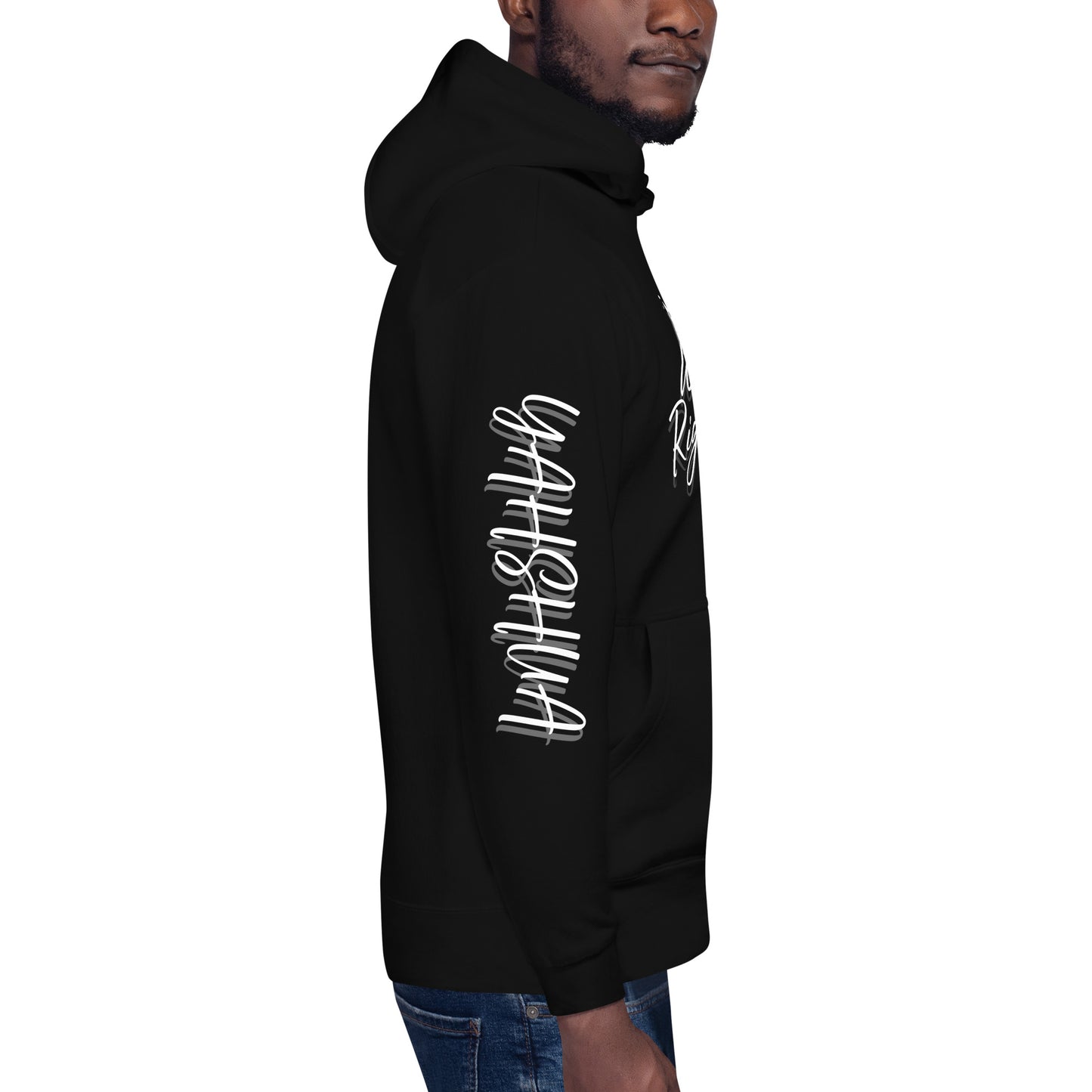 side view of Black unisex hoodie with the text 'We the Righteous' and a graphic of a crown on the front, featuring a front pouch pocket and a three-panel hood.