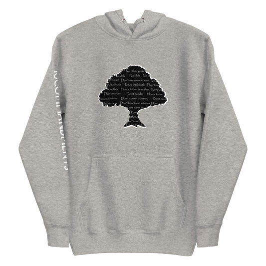 A gray unisex hoodie with a design of a tree on the front and text on the back.