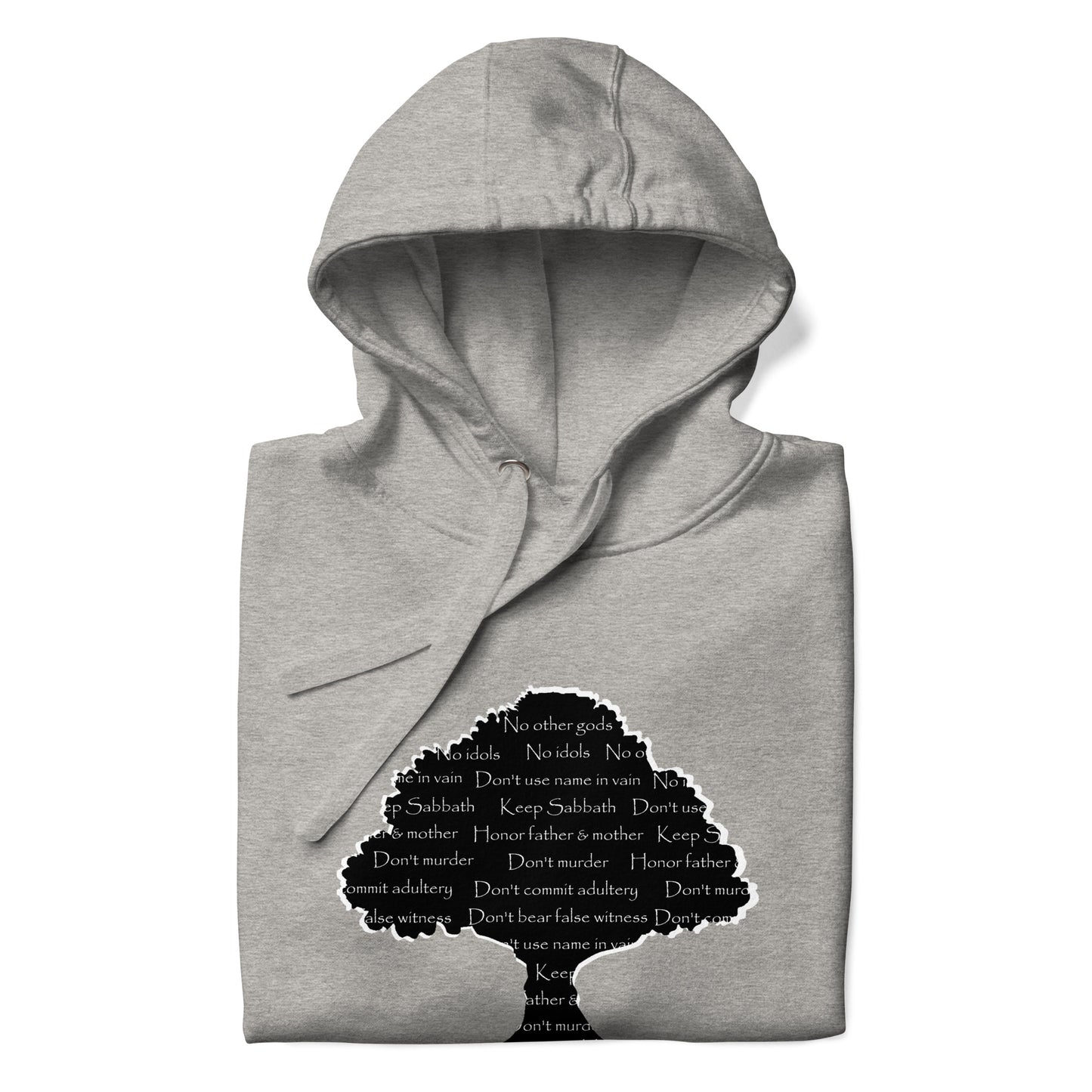 Ten Commandments Tree unisex hoodie in black, featuring a stylized tree graphic with the Ten Commandments engraved on its trunk, soft pullover fleece material, front kangaroo pocket, and adjustable drawstring hood.