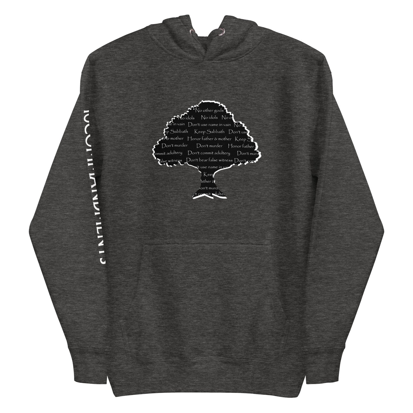 Ten Commandments Tree unisex hoodie in black, featuring a stylized tree graphic with the Ten Commandments engraved on its trunk, soft pullover fleece material, front kangaroo pocket, and adjustable drawstring hood.