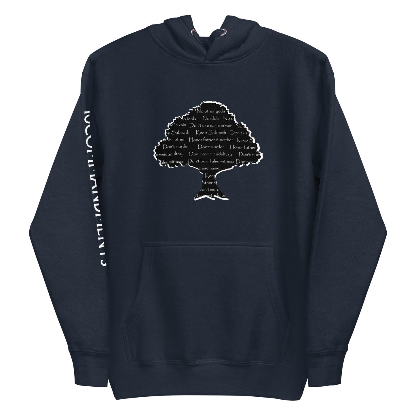 A navy blue unisex hoodie with a graphic tree design and the text 'TEN COMMANDMENTS' on it.