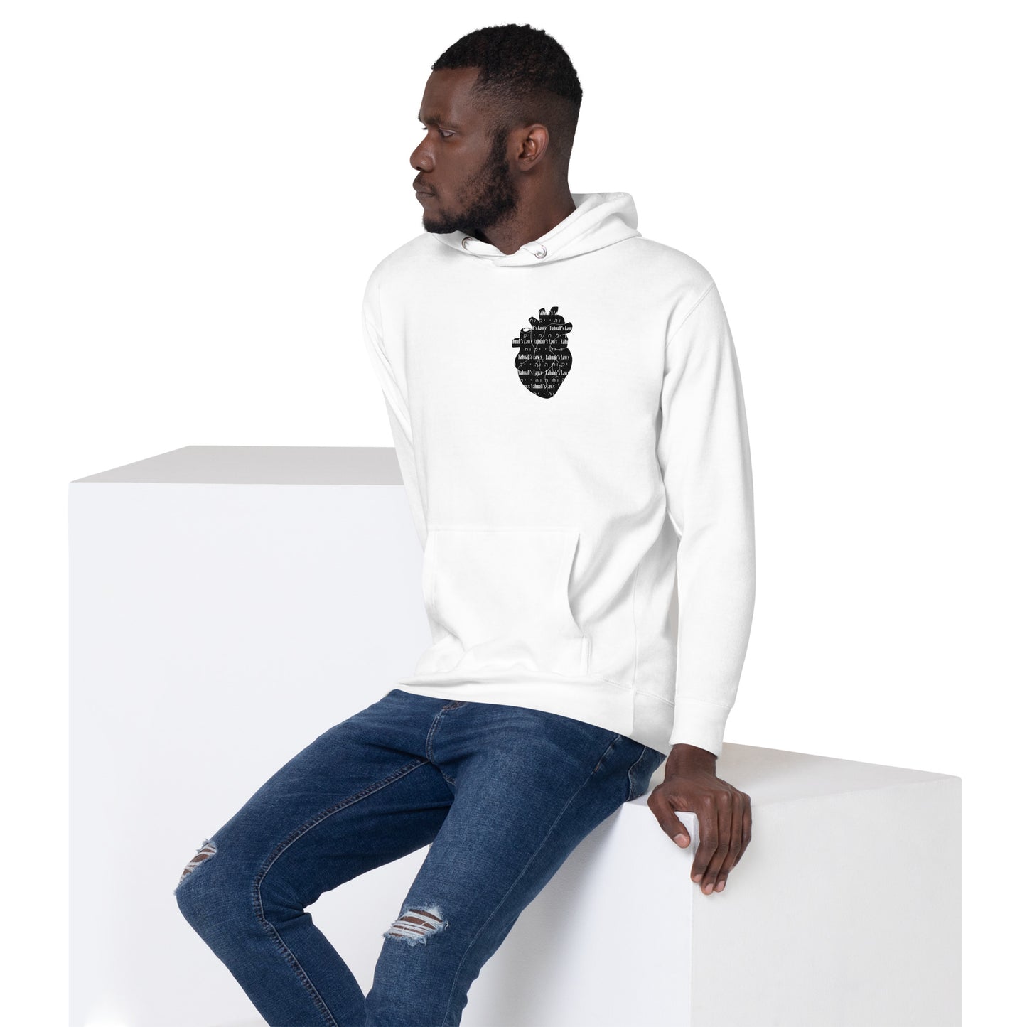 man posing while wearing Yahuah’s Laws unisex hoodie in white, featuring the phrase 'Yahuah’s Laws' printed vertically on the sleeve and a symbolic emblem on the chest; made of cotton-blend fleece with pouch pocket and 3-panel hood.