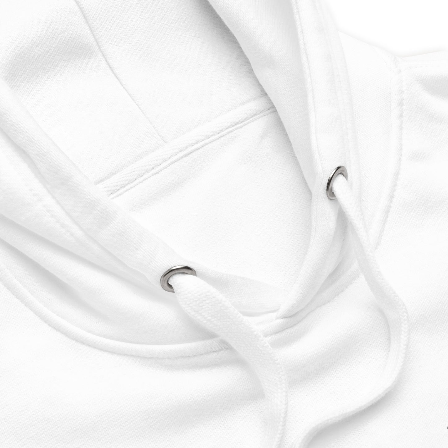 close up of Yahuah’s Laws unisex hoodie in white, featuring the phrase 'Yahuah’s Laws' printed vertically on the sleeve and a symbolic emblem on the chest; made of cotton-blend fleece with pouch pocket and 3-panel hood.