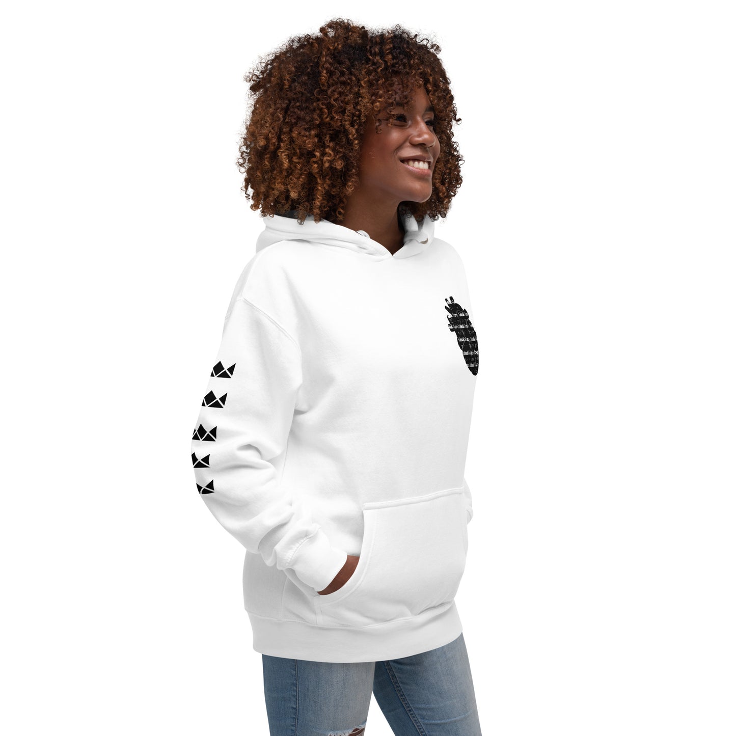 woman wearing Yahuah’s Laws unisex hoodie in white, featuring the phrase 'Yahuah’s Laws' printed vertically on the sleeve and a symbolic emblem on the chest; made of cotton-blend fleece with pouch pocket and 3-panel hood.