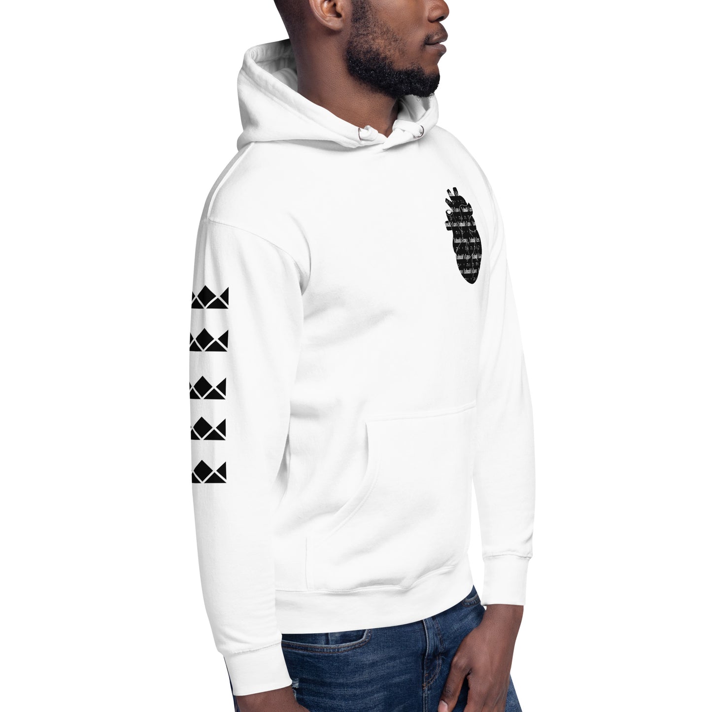man wearing Yahuah’s Laws unisex hoodie in white, featuring the phrase 'Yahuah’s Laws' printed vertically on the sleeve and a symbolic emblem on the chest; made of cotton-blend fleece with pouch pocket and 3-panel hood.