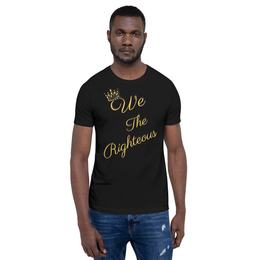 A man wearing a black short-sleeve unisex t-shirt with the text 'WE THE RIGHTEOUS' printed in yellow on the front.