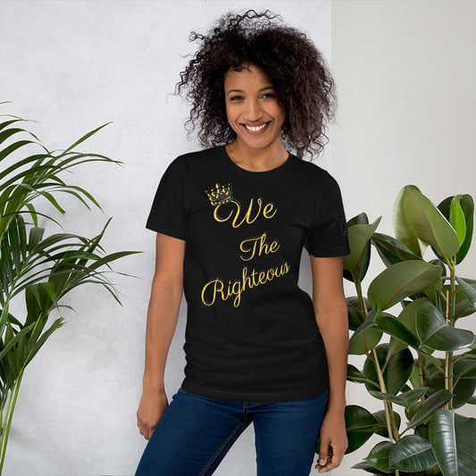 A person smiling, wearing a short-sleeve black t-shirt with the text 'WE THE RIGHTEOUS' printed on the front.
