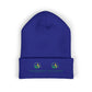 Blue beanie with embroidered logos on a white background