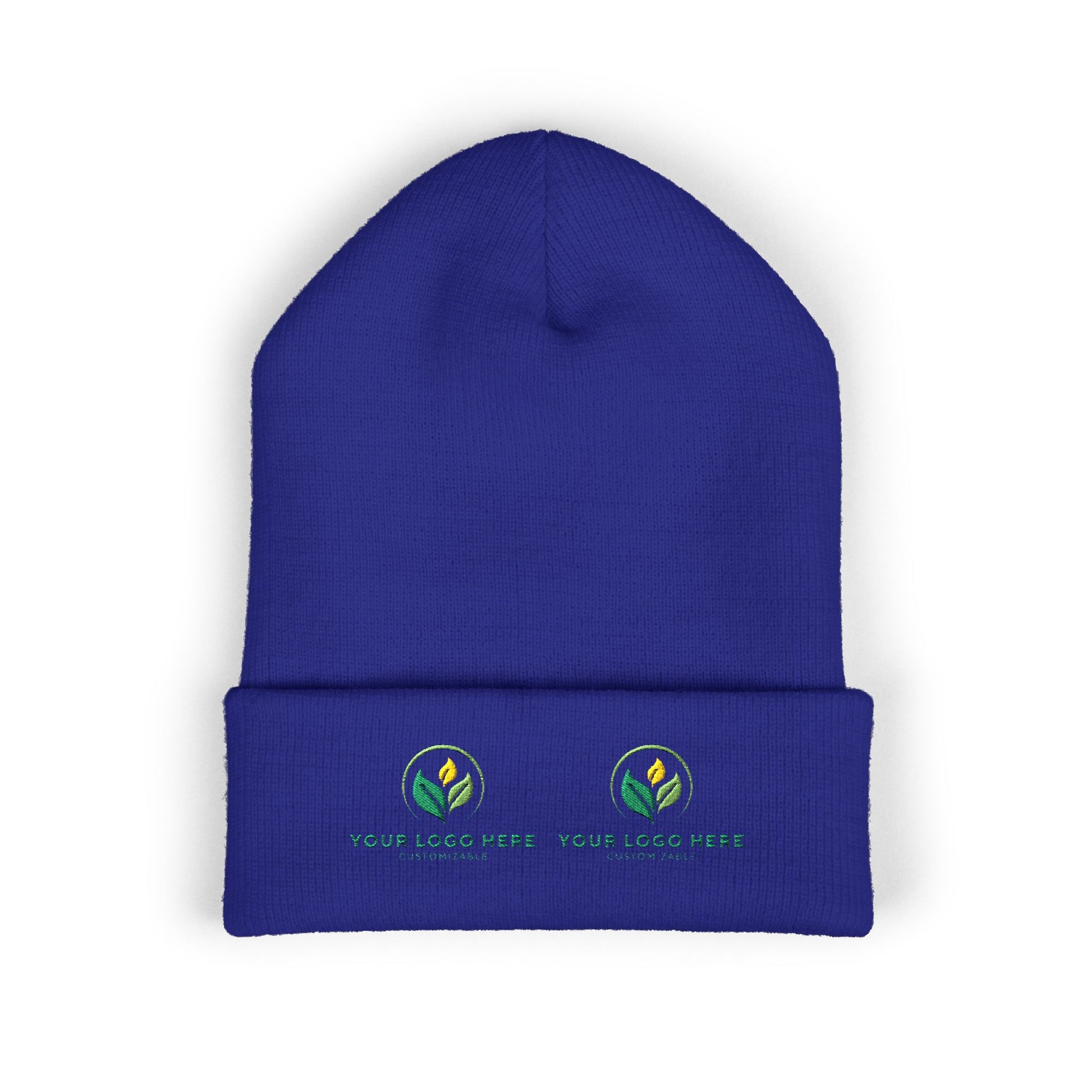 Blue beanie with embroidered logos on a white background