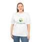 Person wearing a customizable logo t-shirt with a green leaf design on a white background