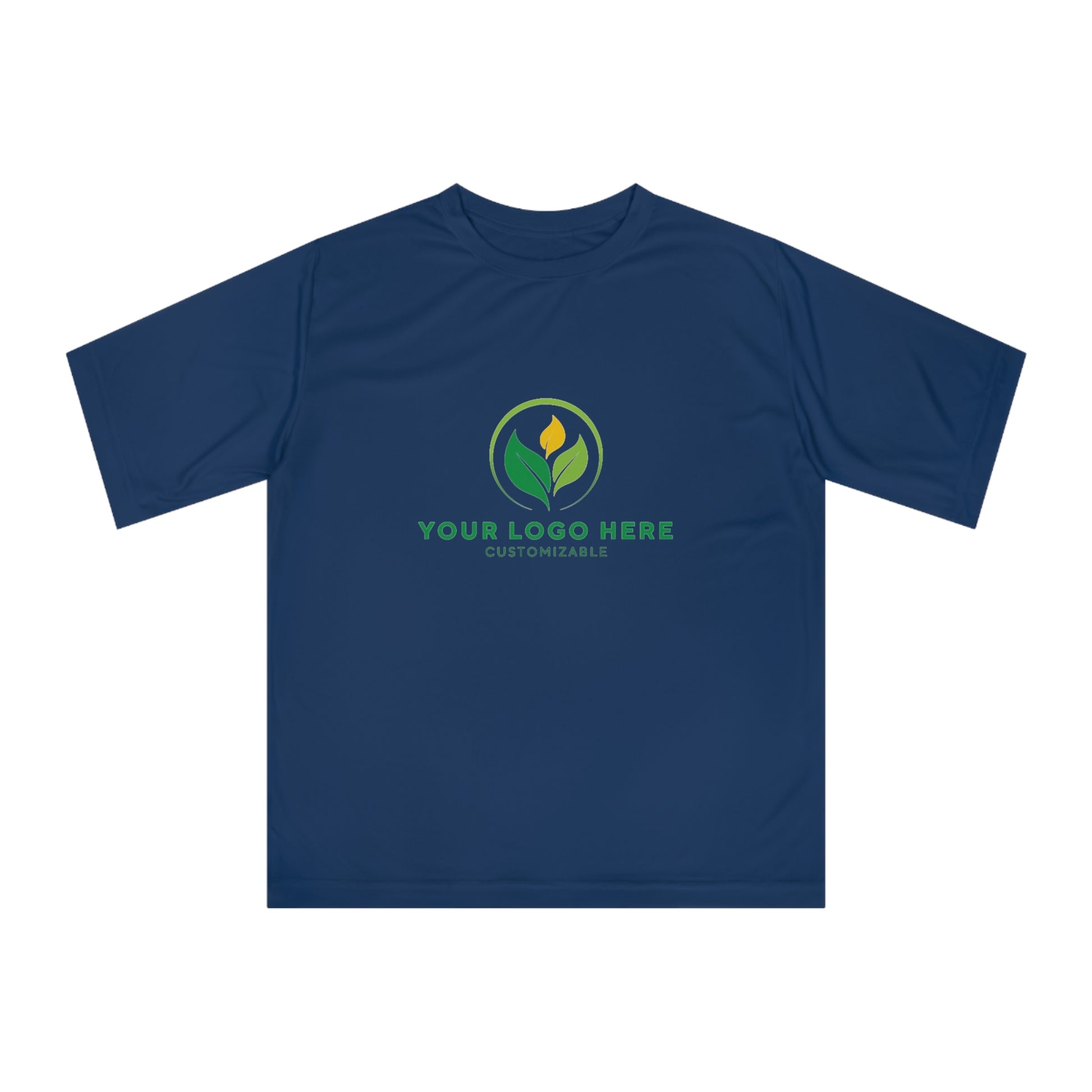 Navy blue t-shirt with customizable logo area on a white background