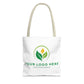 White tote bag with customizable logo design on a white background