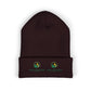 Brown beanie with customizable logos on a white background