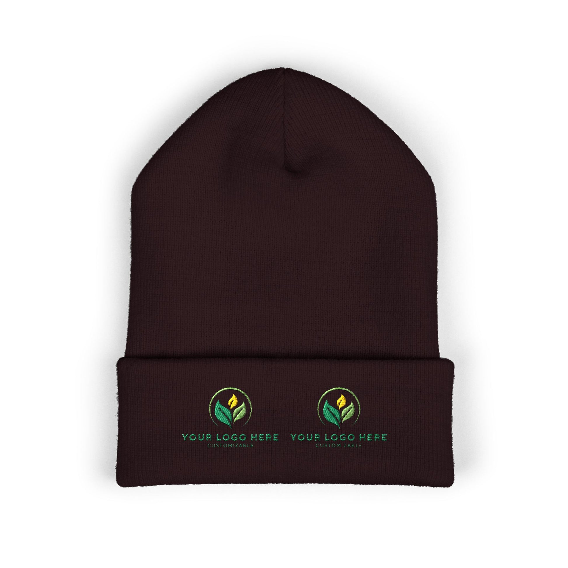Brown beanie with customizable logos on a white background