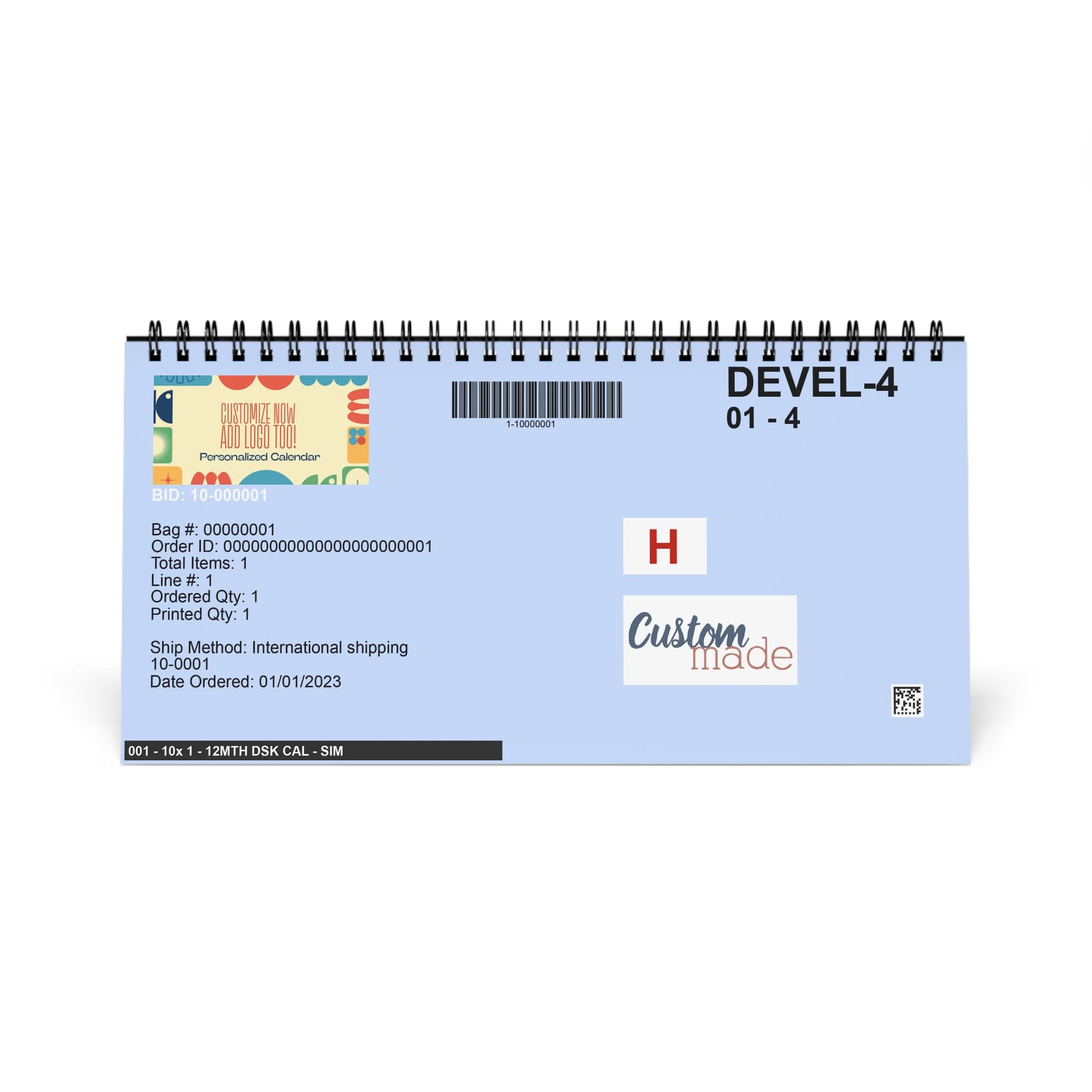 Blue spiral-bound calendar with printed details on a white background