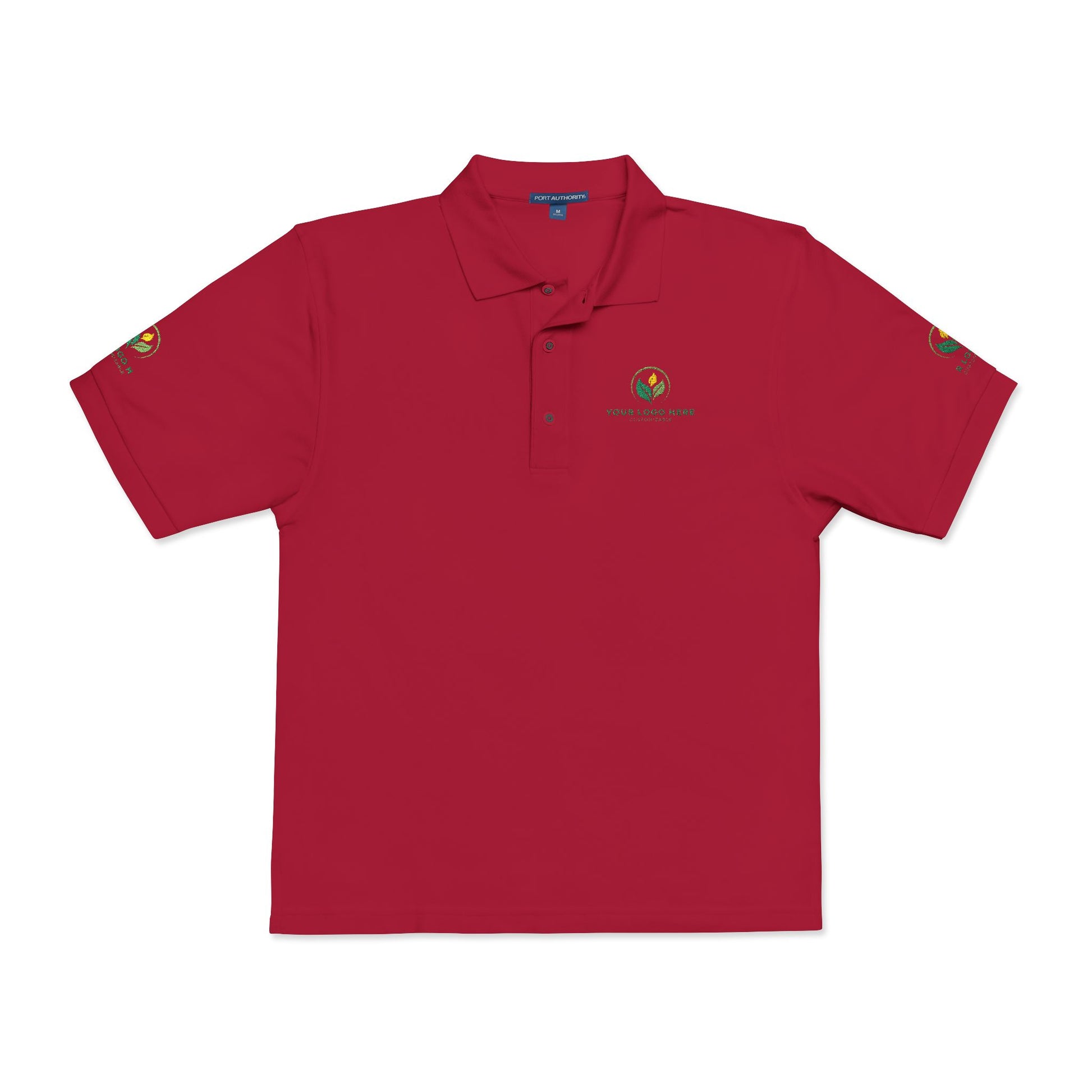 Red polo shirt with a logo on a white background