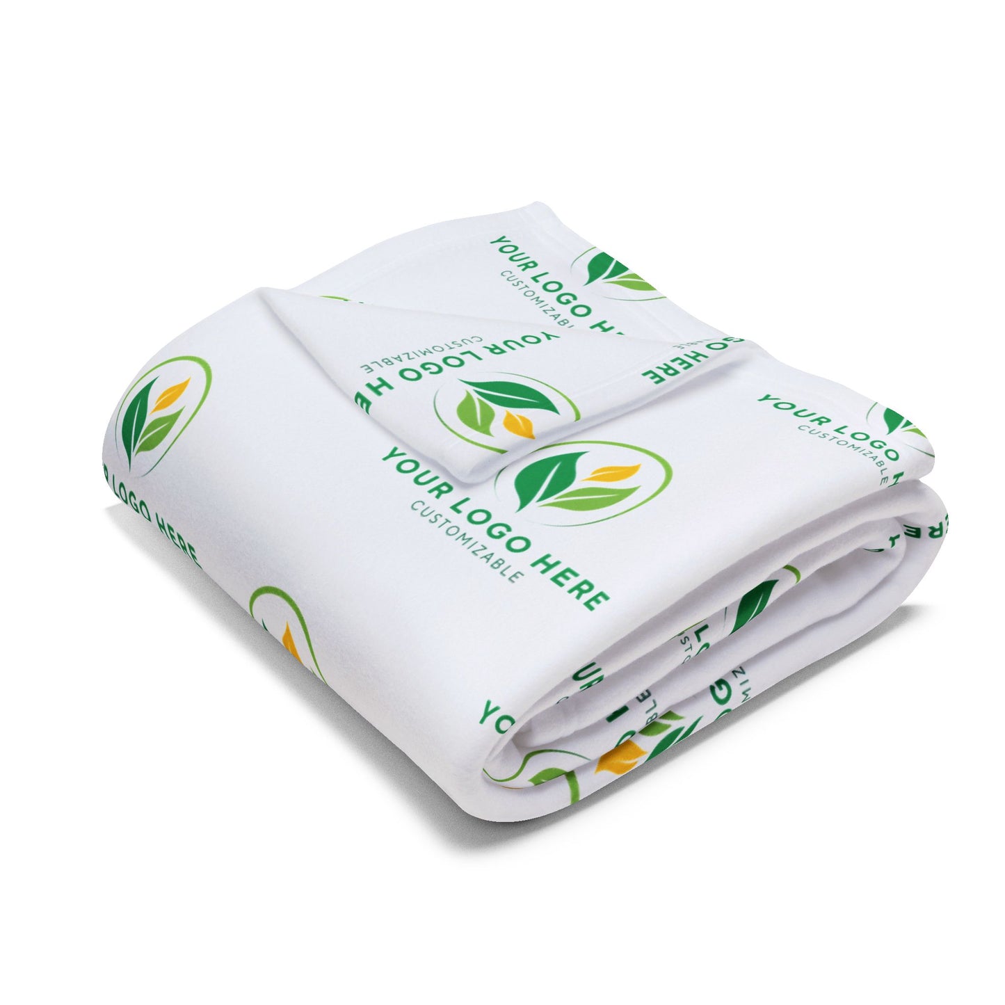 Folded white blanket with customizable logo on a white background