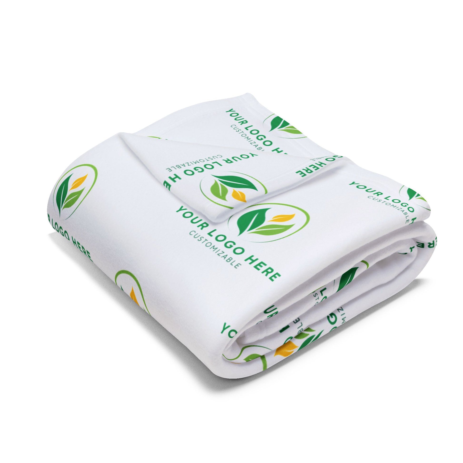 Folded white blanket with customizable logo on a white background