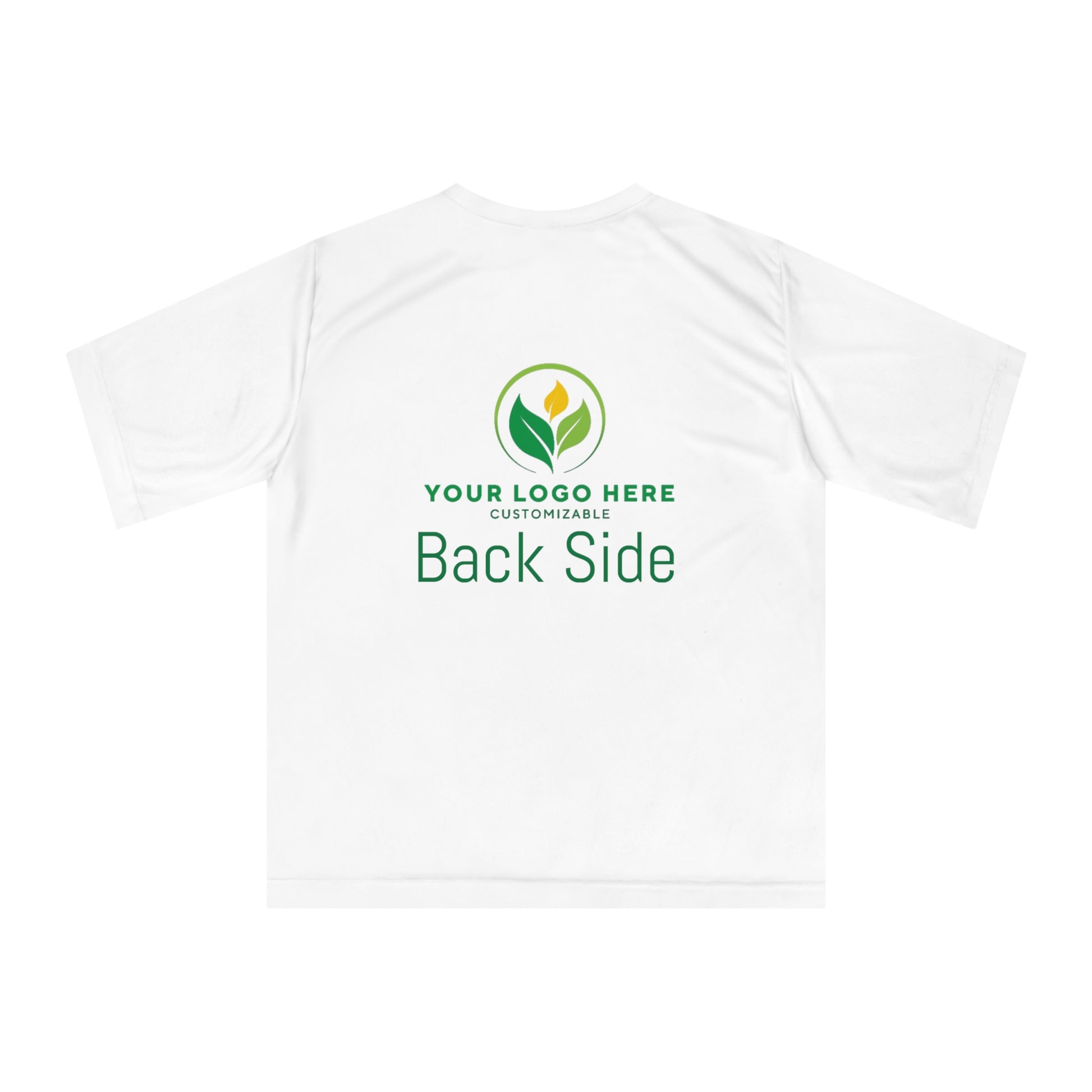 White t-shirt with a placeholder logo and text on the back