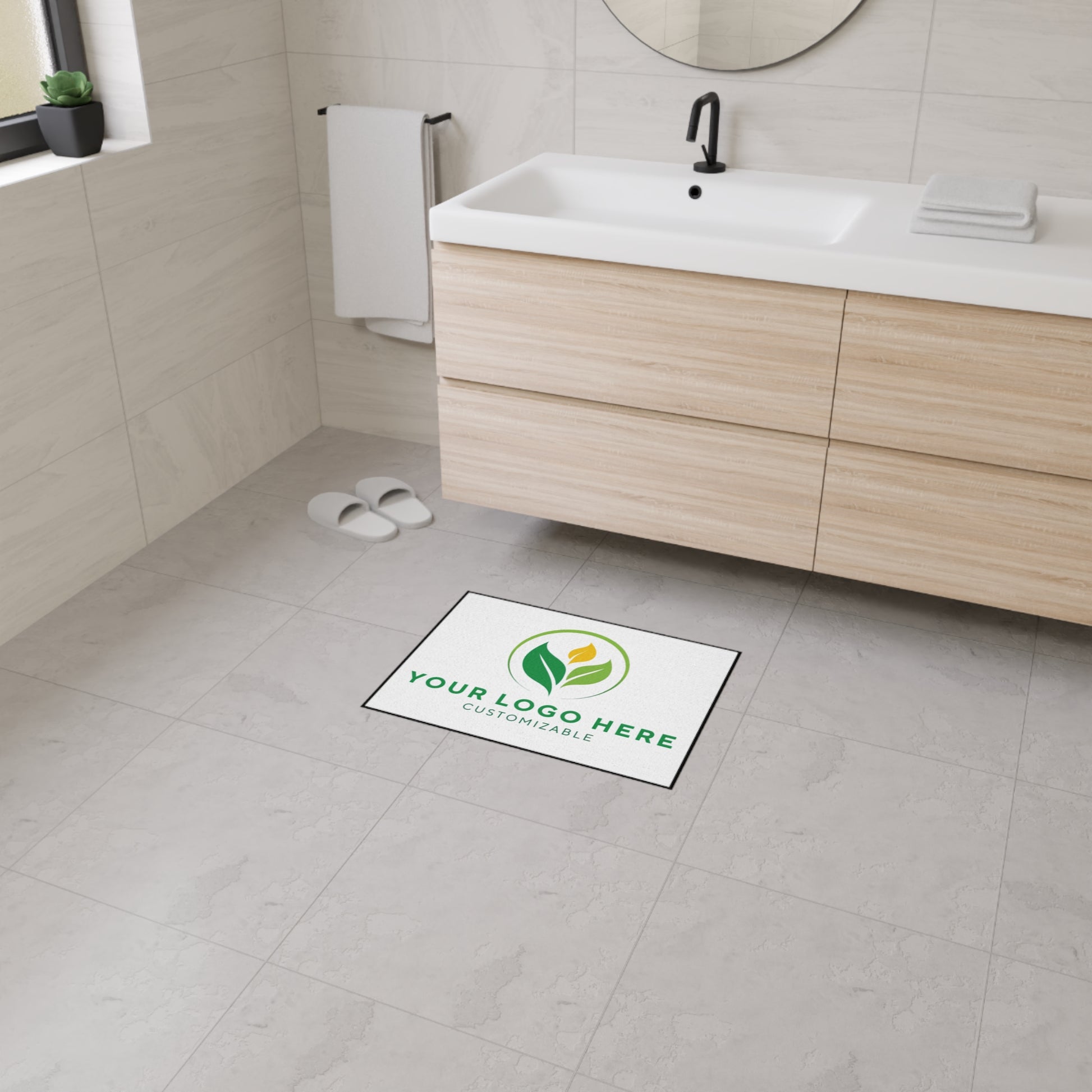 Bathroom with a custom logo mat on the floor, ready for branding.