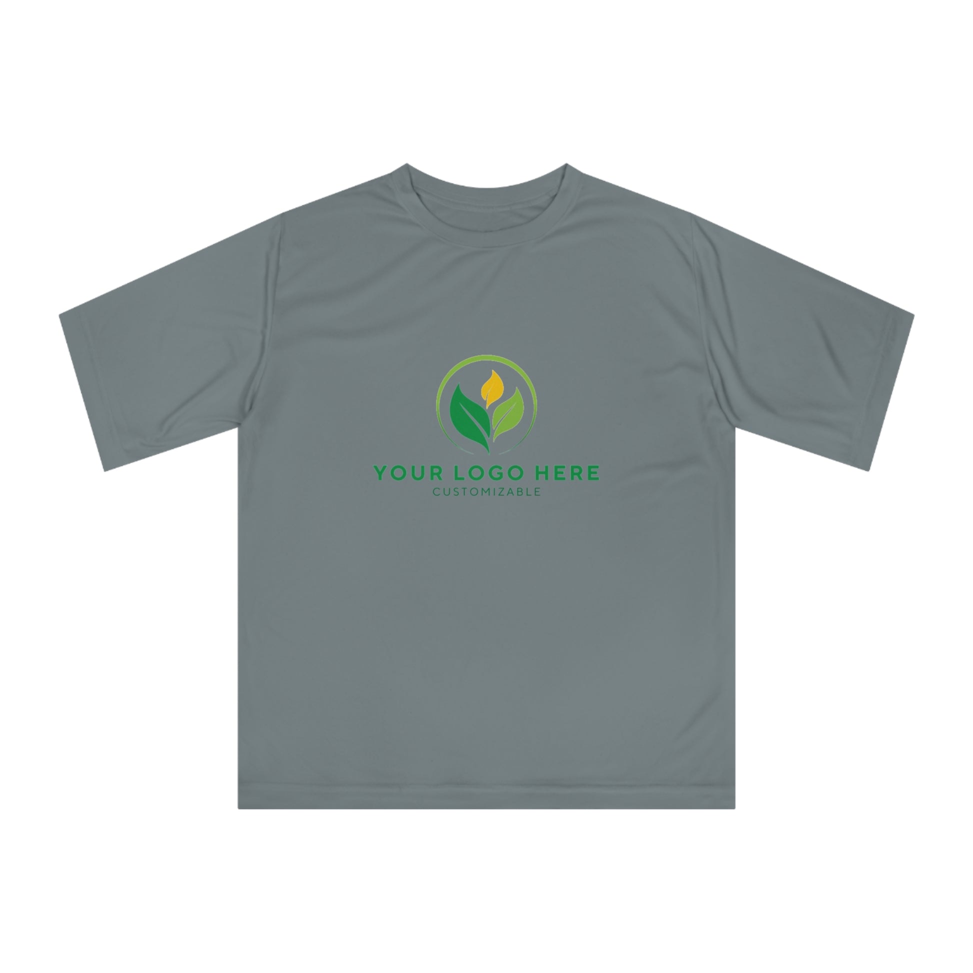 Gray t-shirt with customizable logo area on a white background