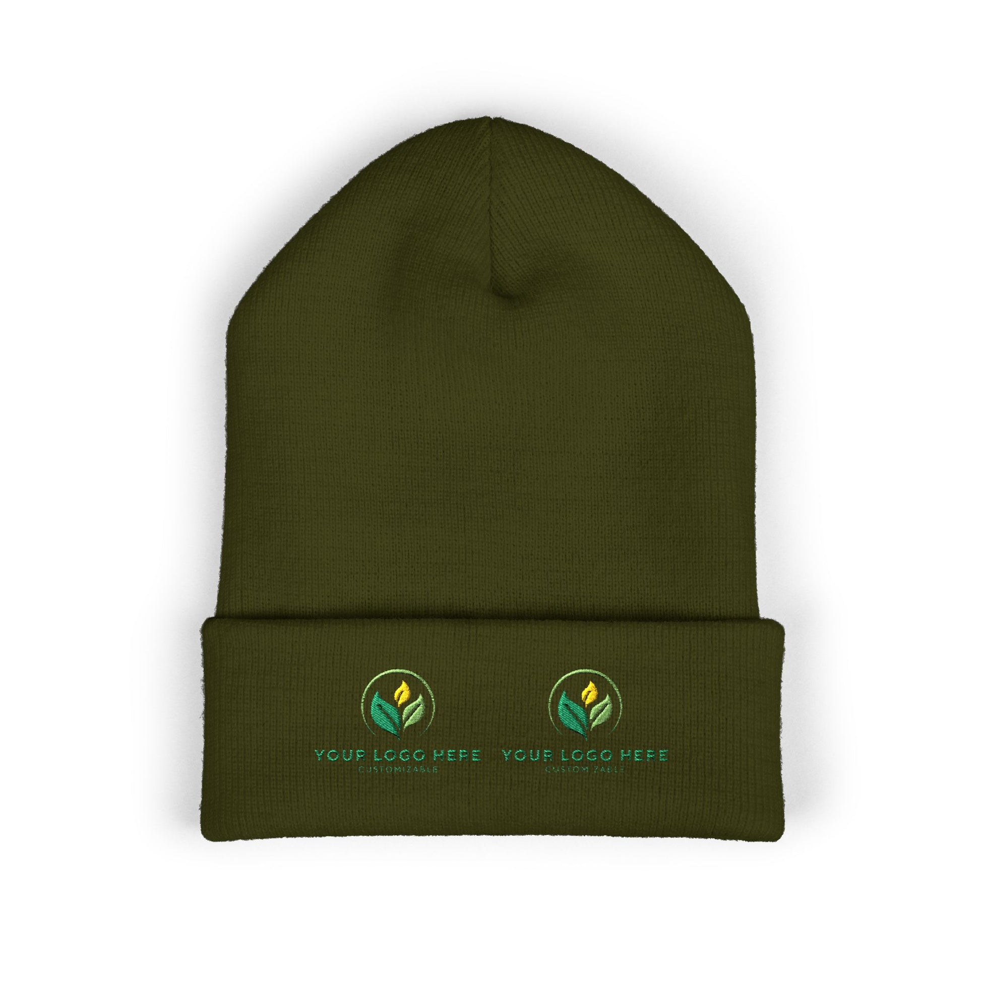 Green beanie with embroidered logos on a white background