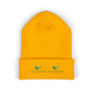 Yellow beanie with customizable logos on a white background