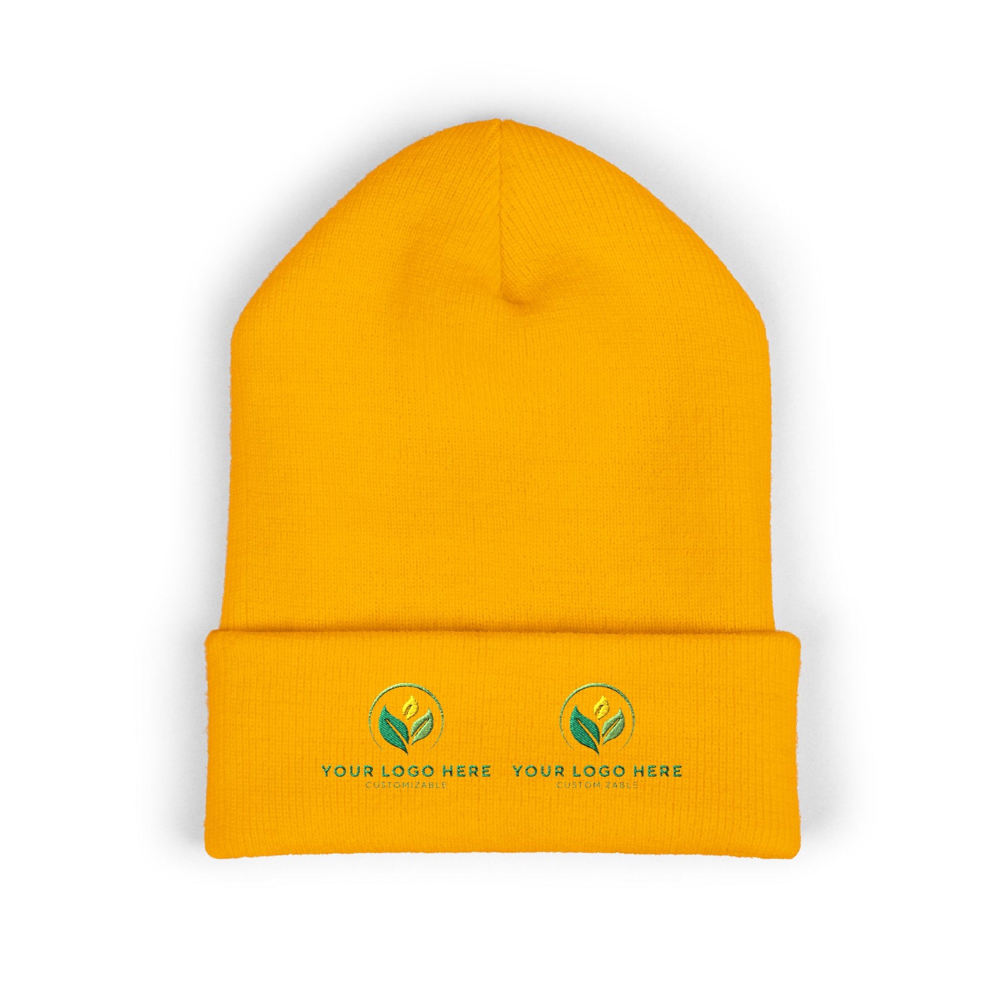 Yellow beanie with customizable logos on a white background
