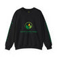 Black sweatshirt with green leaf logo and text on a white background