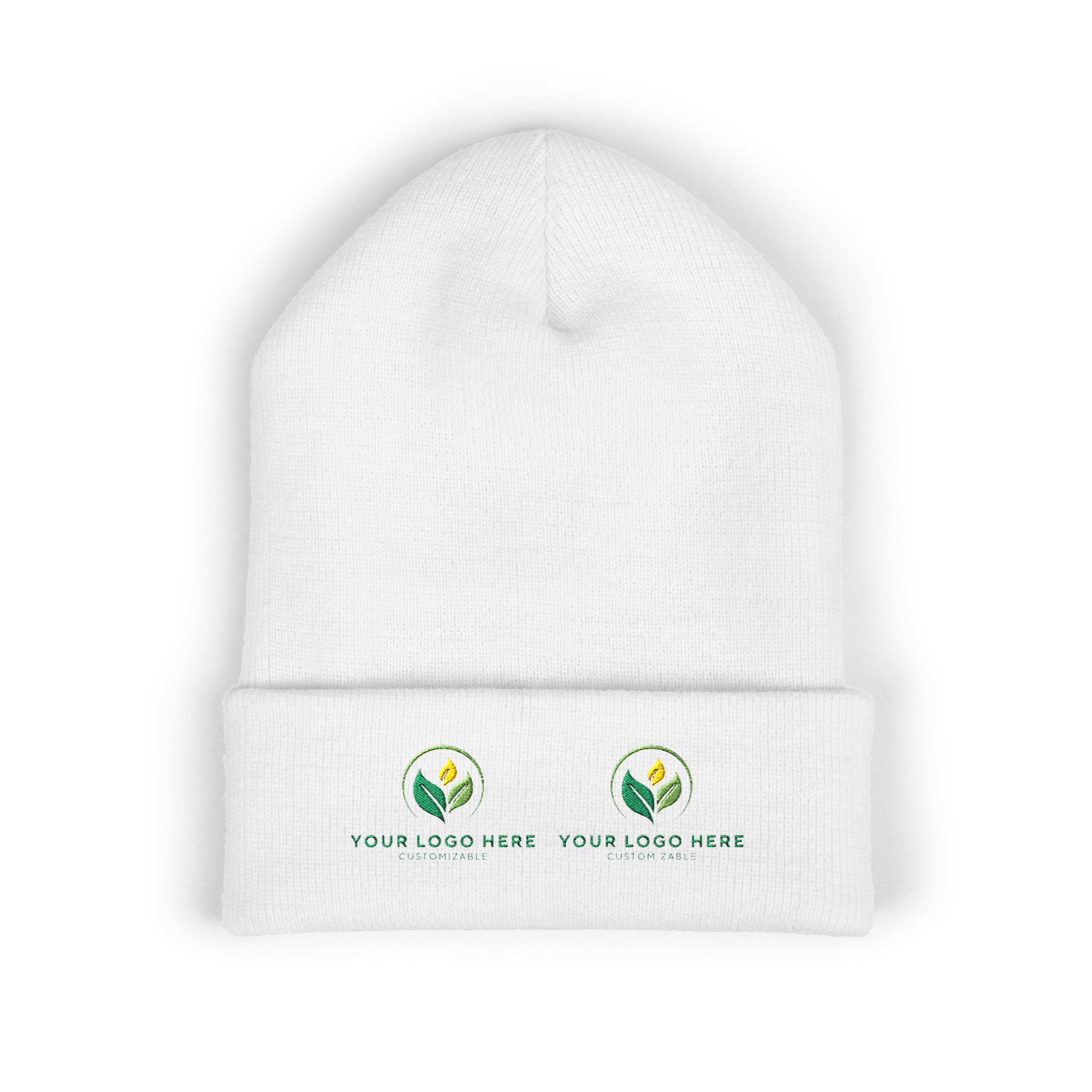 White beanie with customizable logo area on a white background