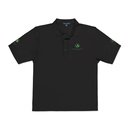 Black polo shirt with logos on sleeves and chest against a white background