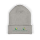 Gray beanie with customizable logos on a white background