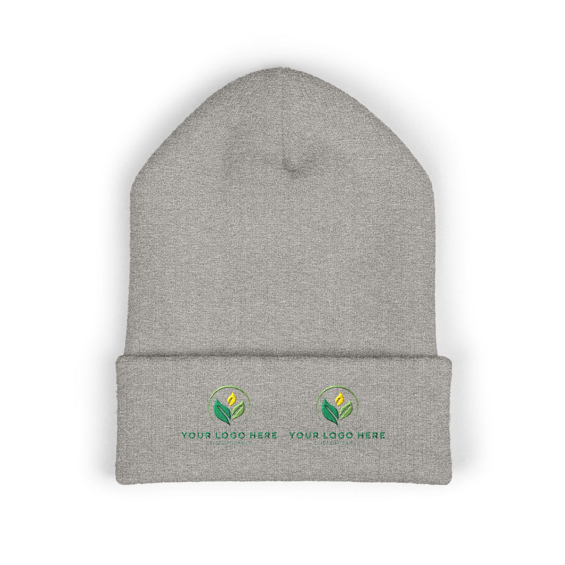 Gray beanie with customizable logos on a white background
