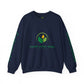 Navy blue sweatshirt with green leaf logo and text on a white background