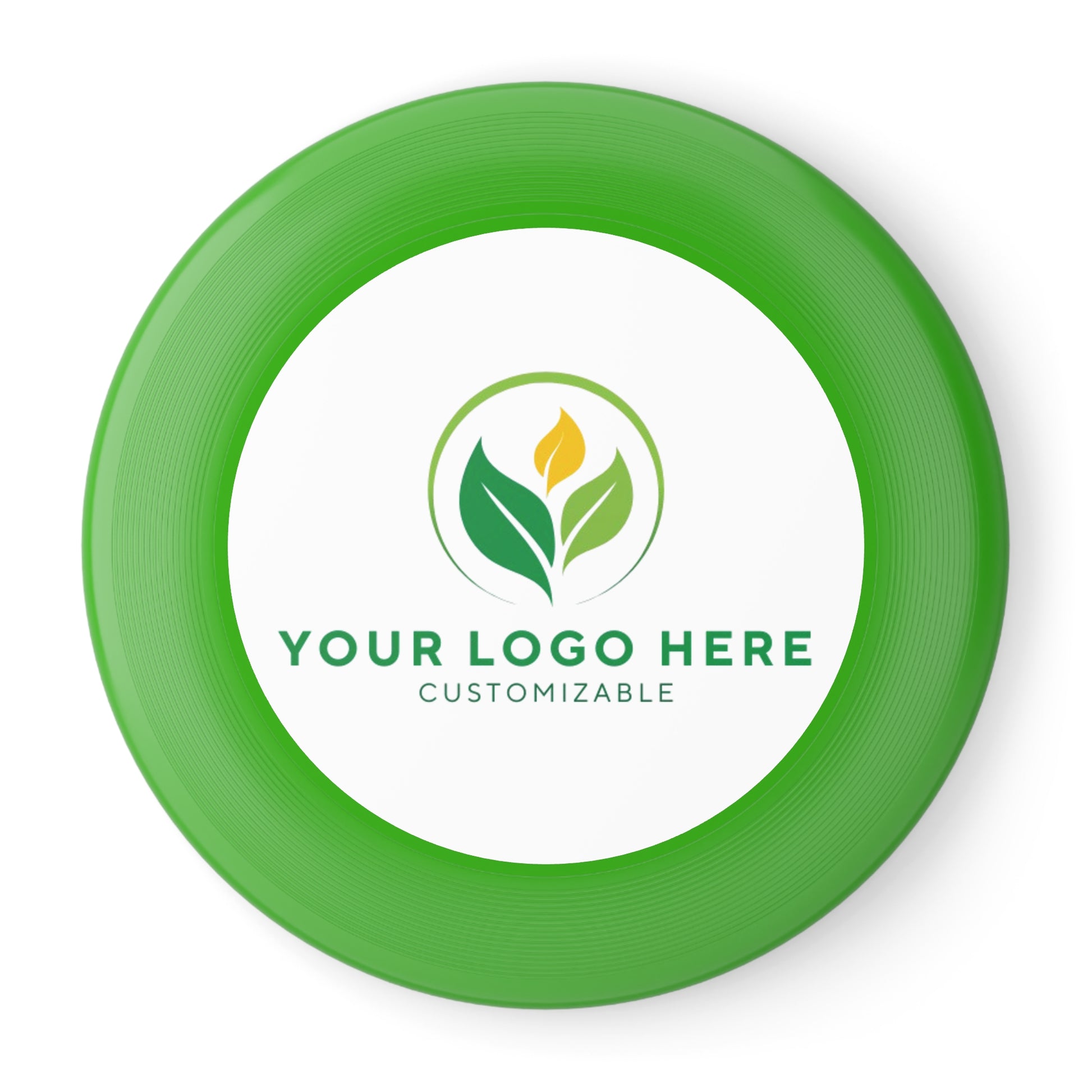 Green frisbee with customizable logo area on a white background