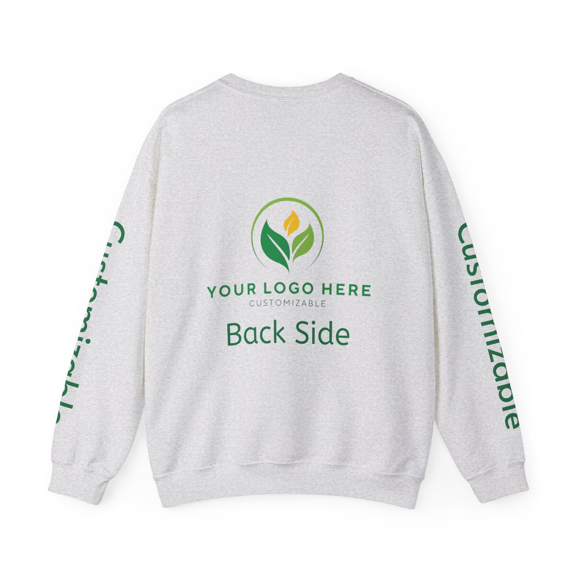 Gray sweatshirt with customizable logo on the back and sleeves