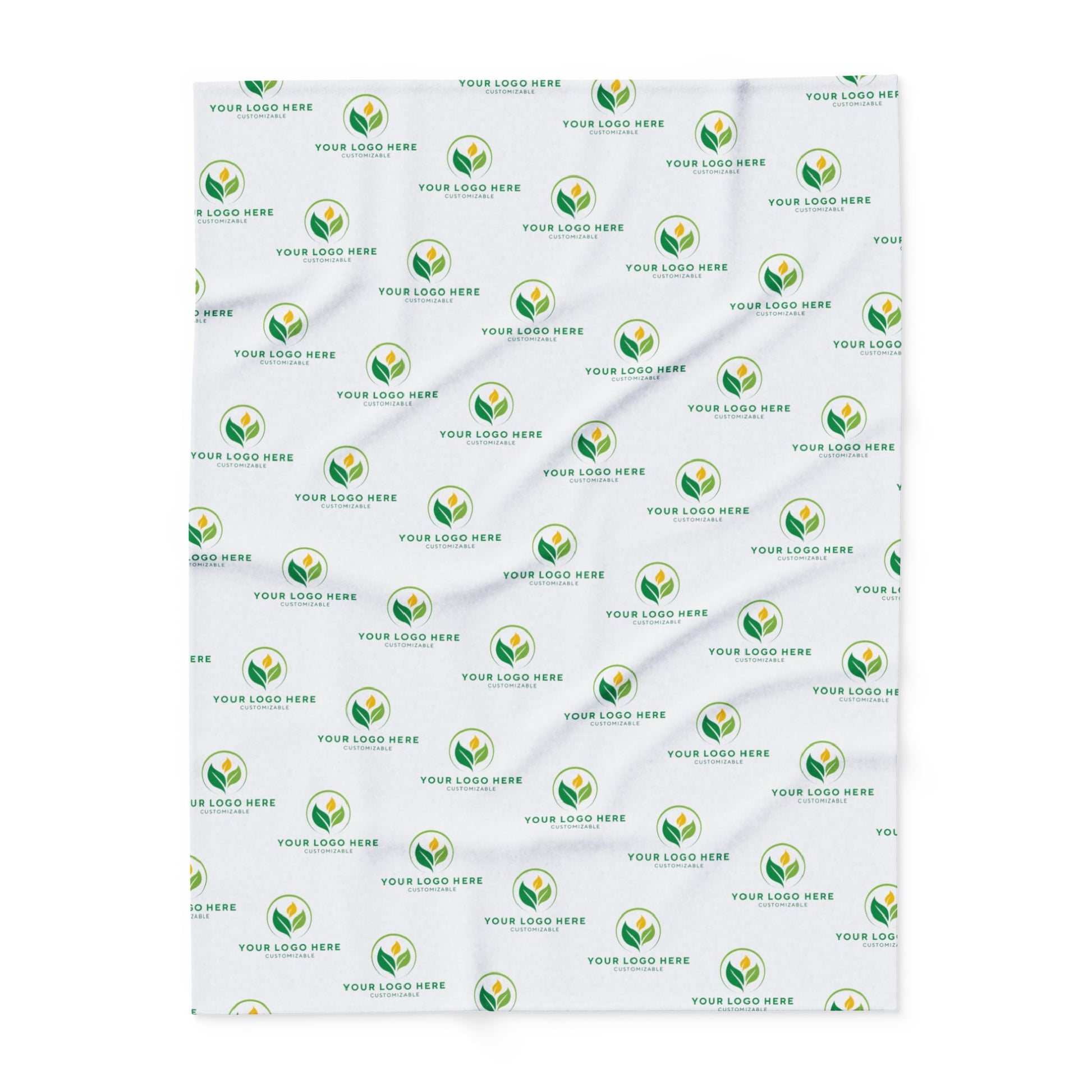 White Blanket with green and yellow logo pattern on a white background