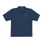 Navy blue polo shirt with logos on sleeves against a white background