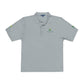 Gray polo shirt with embroidered logo on a white background