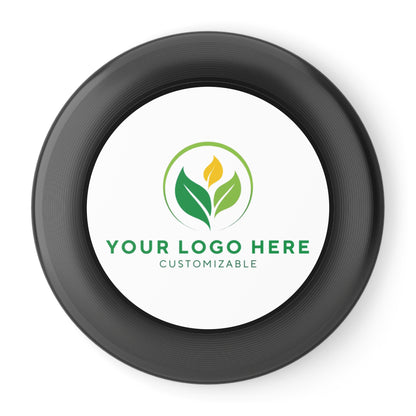 Black frisbee with customizable logo area on a white background