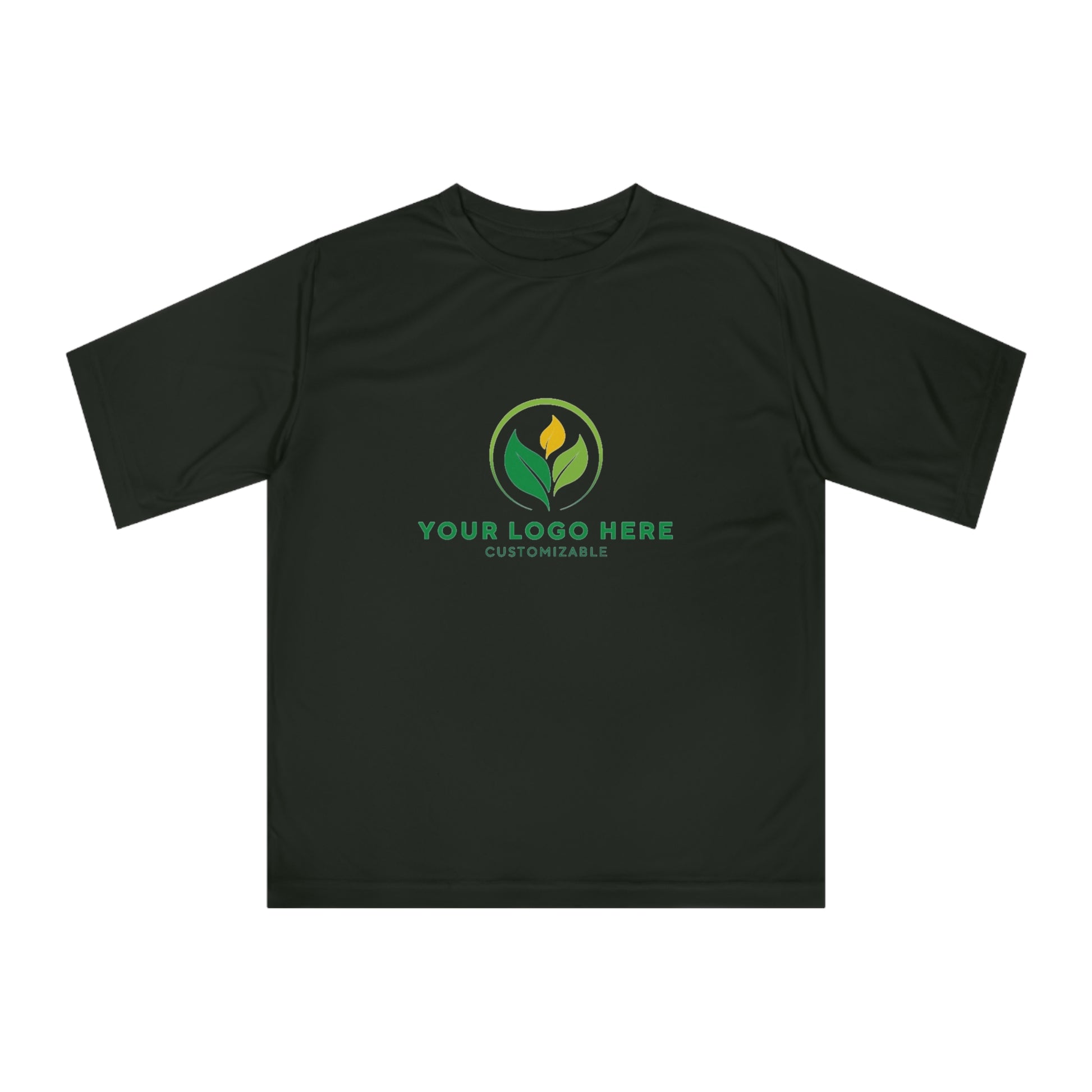 Black t-shirt with customizable logo on a white background