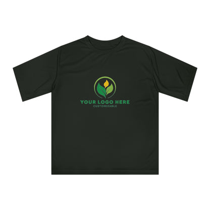 Black t-shirt with customizable logo on a white background