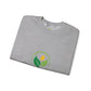 Folded gray t-shirt with a green logo featuring leaves and a yellow flower on a white background