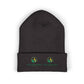 Black beanie with customizable logos on a white background